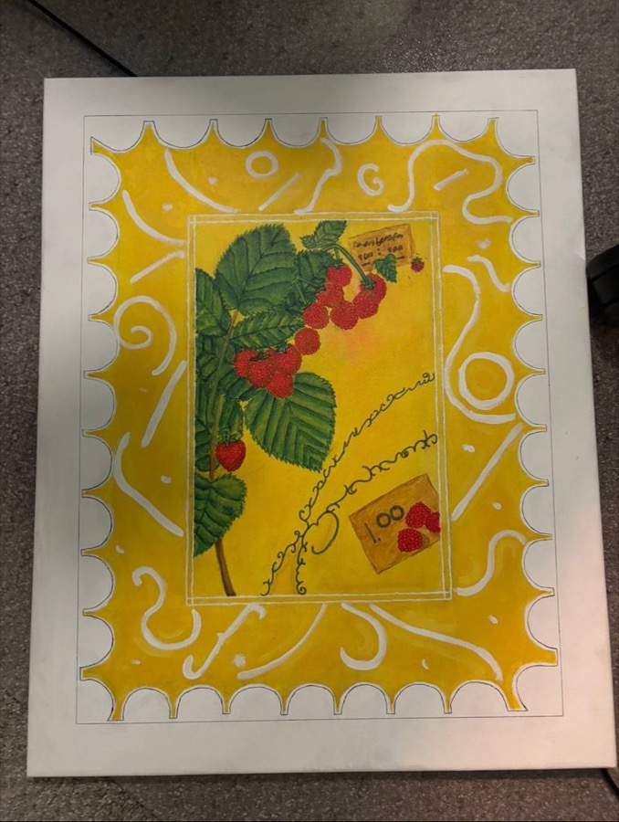 Painted postage stamp with raspberries, by Maiia